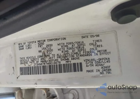 1998 Toyota 4Runner Sr5 V6 Limited из США, поврежденный, VIN JT3HN87R7W9016678